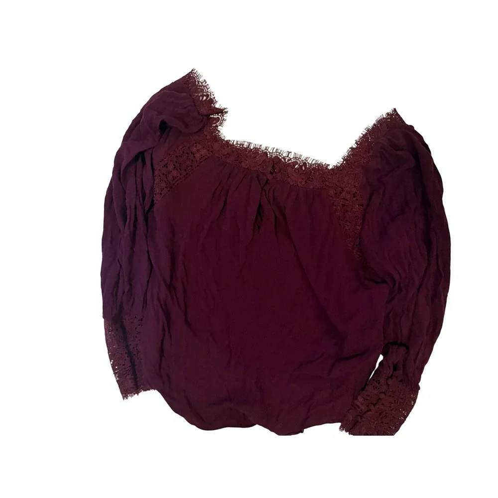 Free‎ People Plum Purple Lace Trim Square Neck Long Sleeve Boho Blouse Small
